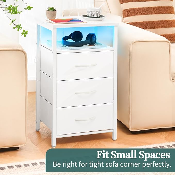 Yoobure Night Stand with Charging Station, White Nightstand with 3 Fabric Drawers & USB Ports and Outlets, LED End Table and Storage Shelf, Small Dresser for Bedroom, Bedside Table for Small Space - Image 5