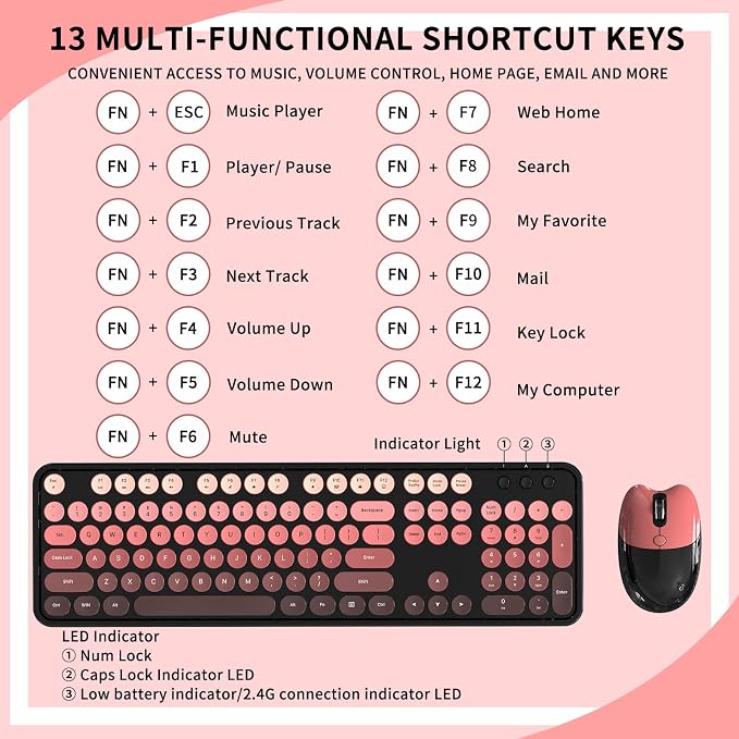 Wireless Keyboard and Mouse, 104 Round Keycaps Retro Typewriter | with OTG & Brush, Full-Size Ergonomic, Ideal for Windows PC, Home, Office and College Black Pink - Image 8
