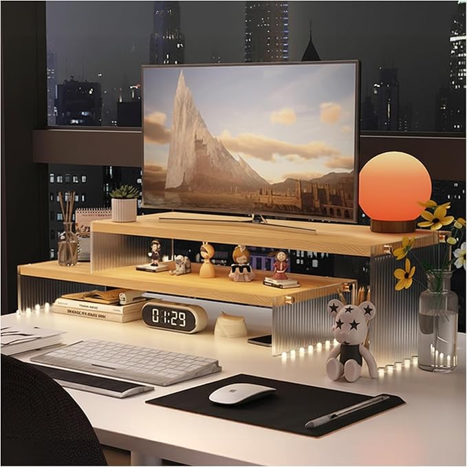 YGYQZ Adjustable Monitor Stand Riser, 7.67"×19.3" Dual Monitor Desk Stand | Adjustable Monitor Riser, Expandable Desk Organizer, 2-Tier Storage, Acrylic Legs, Ergonomic Workspace, Wood Wavy by YGYQZ