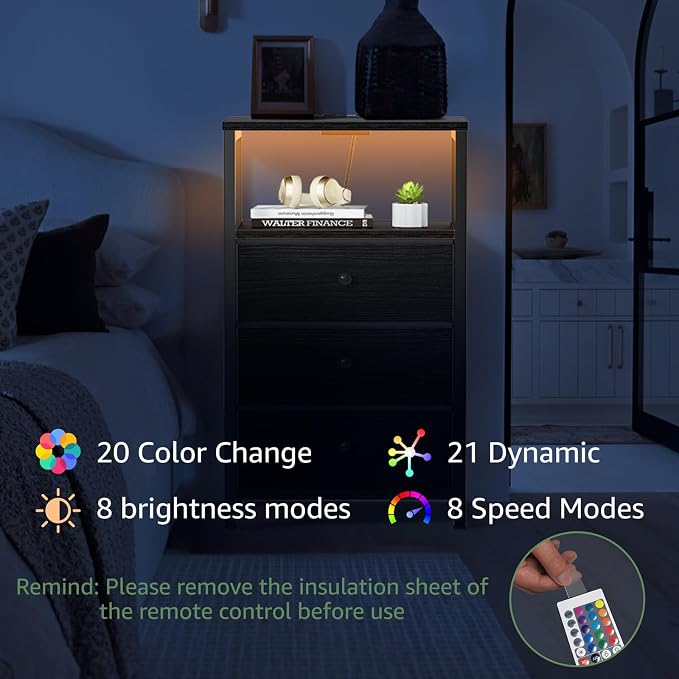 BOLUO Black Night Stand with 3 Fabric Drawers, Nightstand with Charging Station LED Nightstand for Bedroom, Bedside Table with USB Ports and Outlets Modern - Image 6