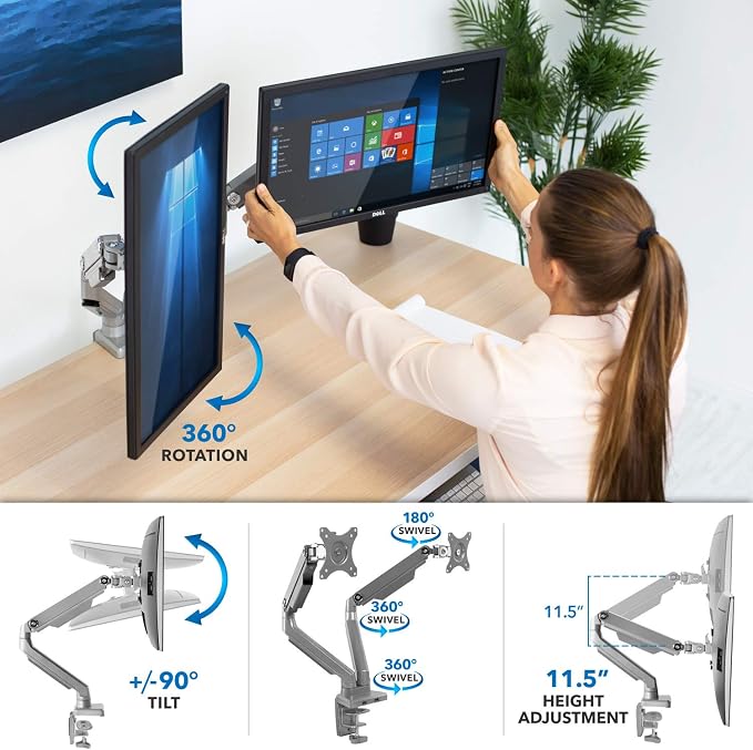 Mount-It! Dual Monitor Desk Mount with USB 3.0 Ports, Full Motion Dual Monitor Stand for 2 Screens up to 32 Inches, VESA 75x75 & 100x100, Clamp or Grommet Installation - Image 4