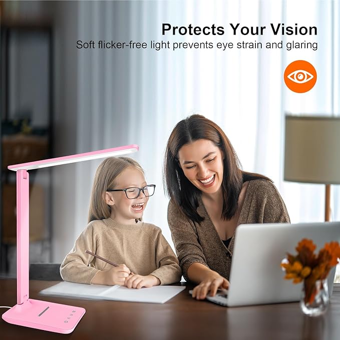 LED Desk Lamp for Office Home, Bright Desk Light with USB Charging Port, Adjustable Dimmable Desk Lamps 5 Modes 5 Brightness, Touch Study Lamp for Nail, Craft, Puzzle, Sewing, Study, Pink - Image 5