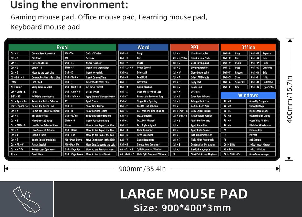 Large Mouse Pad Desk Mat with Excel Shortcuts Cheat Sheet, Anti-Slip Keyboard Pad with Multifunctional, Gaming Mousepad, Office Desk Accessories for Computer, MacBook, PC and Laptop - Image 6