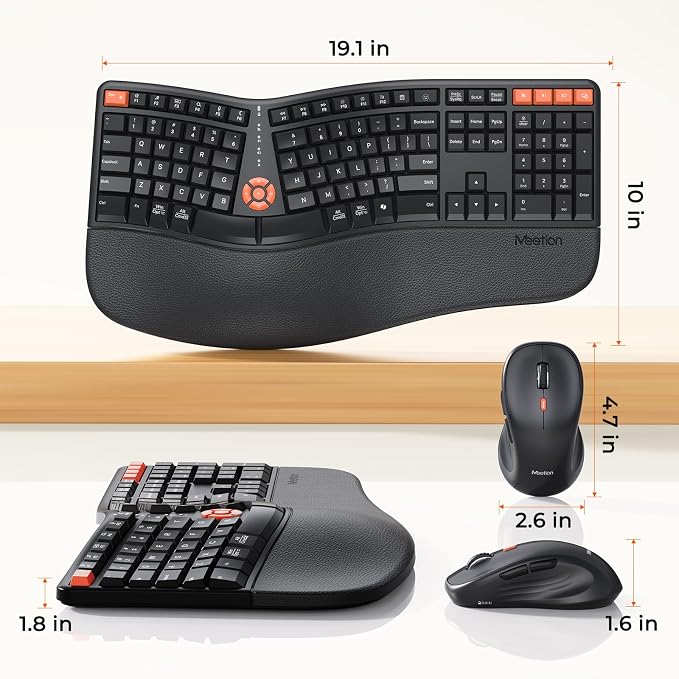 MEETION Ergonomic Wireless Keyboard and Mouse Combo, Split Design | Full-size keyboard with cushioned palm rest, 2.4G & Bluetooth multi-device connection, 4-level DPI mouse for Windows & Mac - Image 9