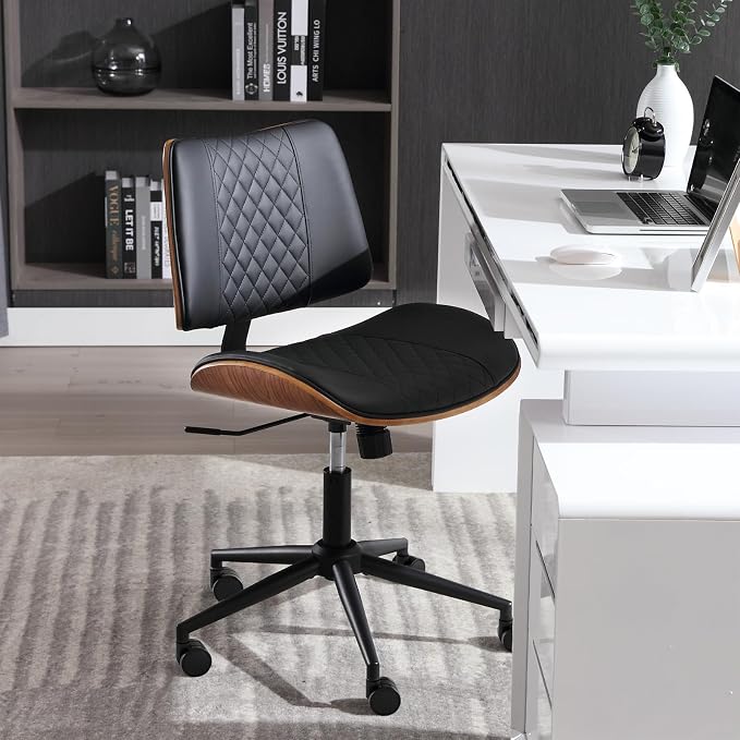 Home Office Chair No Arms with Wheels, Mid Back Walnut Style, Black | Adjustable Height Small Desk Chair, PU Leather Mid Back 360 Swivel Computer Seating, Armless Walnut Office Chair, 300LBS - Image 5
