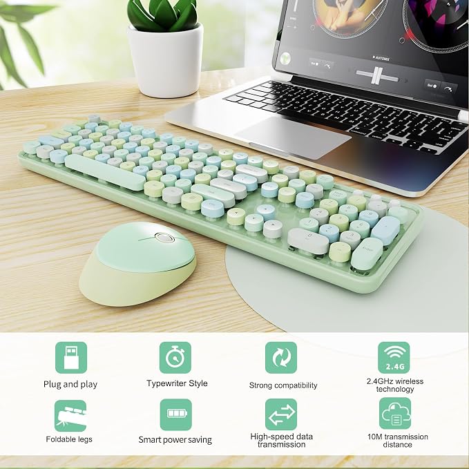 Wireless Keyboard and Mouse Combo, Ergonomic Full Size Typewriter Retro Round Keycaps Keyboard, Compatible with Windows, PC, Perfer for Home and Office Keyboards (Green - Image 3