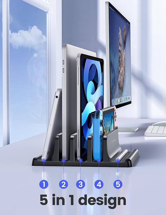 Vaydeer 3-Slot Vertical Laptop Stand Organizer, Laptop Storage Holder Made of Premium ABS Plastics 5 in 1 Design,Desktop Space-Saving Adjustable Desk Organizer for All MacBook/Chromebook/Surface - Image 2