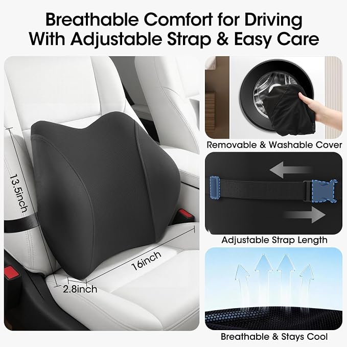 Lumbar Support Pillow for Car Seat – High-Density Memory Foam, Provides Comfort for Long Drivers, Relieves Lower Back Discomfort, Adjustable Strap Stays Put, Fits Most Cars, SUVs & Trucks (Black) - Image 8