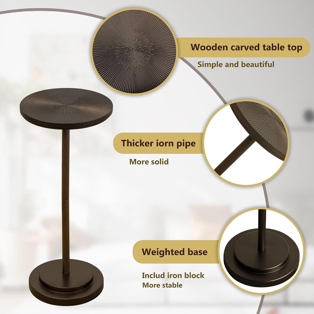 COVLON Drink Table, Carved Table Top Martini Table, Small Side Table, Weighted Base Pedestal Table for Living Room, Bedroom, Bathroom, Brown - Image 6