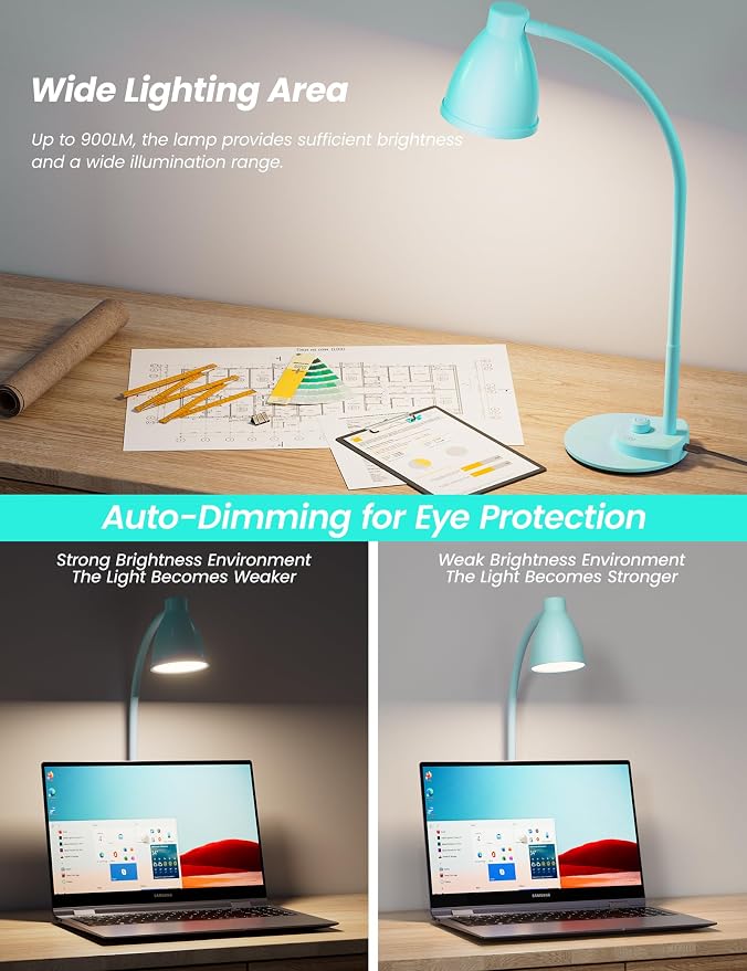 BOHON LED Desk Lamp with USB Charging Port, 3 Color Modes Dimmable, Teal | Reading Lamp, Auto Dimming Task Lamp, Flexible Neck Table Light for Office Dorm Bedside, Adapter Include - Image 6