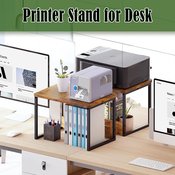 MARTY Desktop Printer Stand 2 Pack Printer Shelf for Desk Home/Office,Brown | Small Printer Stand for Desk, Printer Riser with Storage, Monitor Riser, Under Desk Small Table for Fax Machine Scanner - Image 3