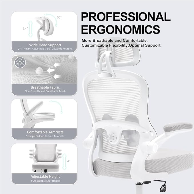 Ergonomic Office Chair,Ultra Thick Spring Cushion Desk Chair,Grey | Adjustable Lumbar Support and Headrest,Flip-up Arms,Rocking Function,Mesh Home Office Computer Chair - Image 5