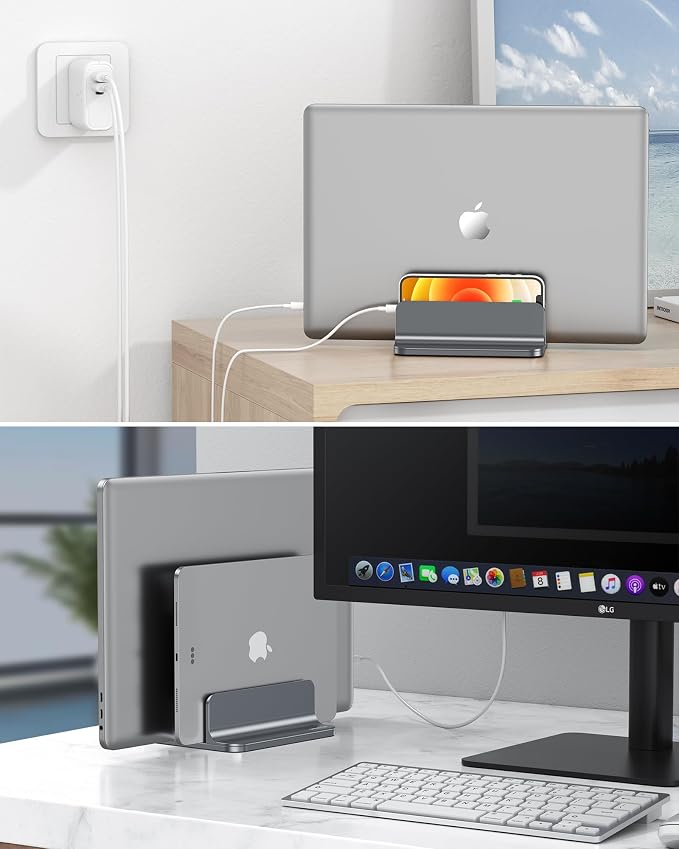 OMOTON Dual Vertical Desk Laptop Stand Holder, Fits MacBook Air/Pro, Grey | Aluminum Laptop Storage Rack for Desk, Adjustable Dock for Up to 17.3 in. Gaming Laptop, Space-Saving Desk Organizer - Image 7