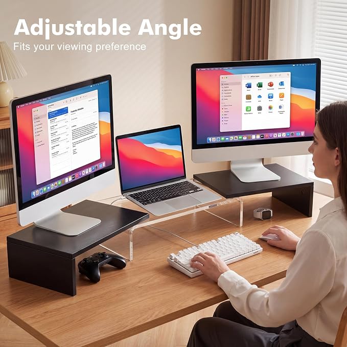 Dual Monitor Riser, Acrylic Monitor Riser, Adjustable Angle & Length Computer Monitor Stand, Wide Desk Shelf for Top of Desk for Home Office_Black Maple Look Small - Image 5