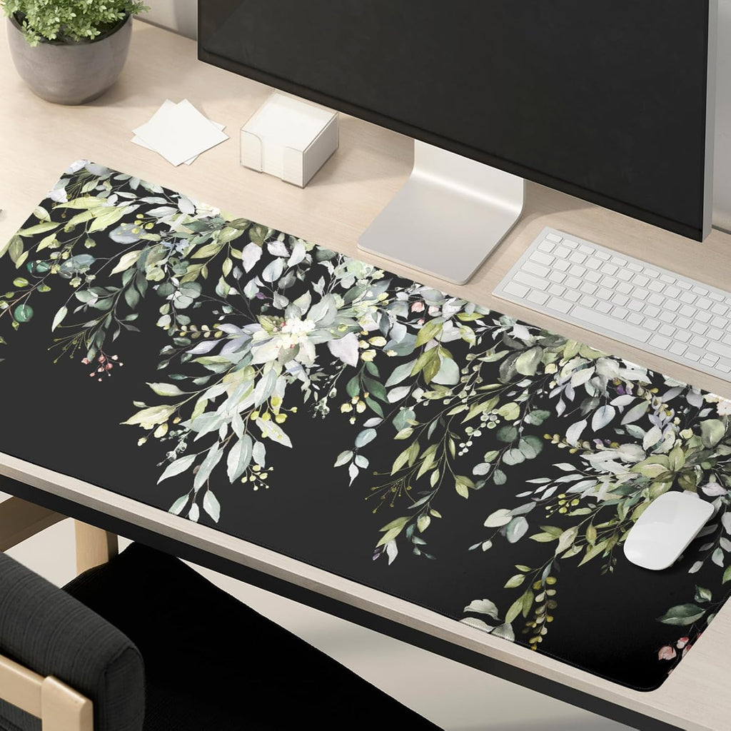 Sage Green Leaves Mouse Pad 31.5x11.8in Floral Black Gaming Mouse Pad Vintage Aesthetic Desk Pad Extended Large Desk Mat Non-Slip Rubber Base Stitched Edge Long Keyboard Mousepad for Computer Laptop - Image 6