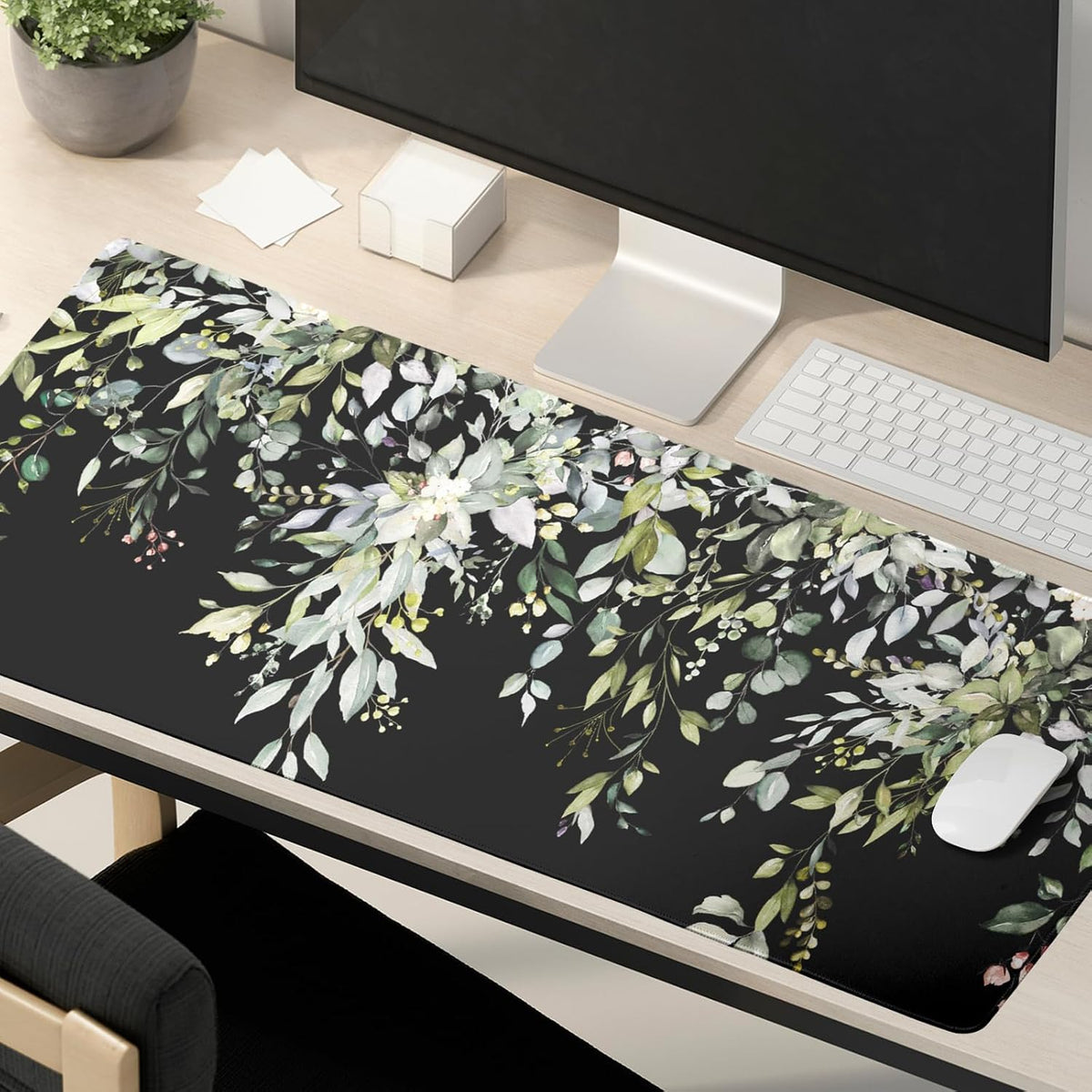 Sage Green Leaves Mouse Pad 31.5x11.8in Floral Black Gaming Mouse Pad Vintage Aesthetic Desk Pad Extended Large Desk Mat Non-Slip Rubber Base Stitched Edge Long Keyboard Mousepad for Computer Laptop - Image 6