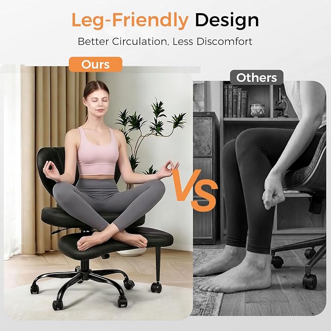 Cross Legged Office Chair,Ergonomic Criss Cross Chair with Wheels | 360° Swivel Height-Adjustable Meditation Chair for Yoga & ADHD, Wide Kneeling Chair with Strong Lumbar Support (Black) - Image 6