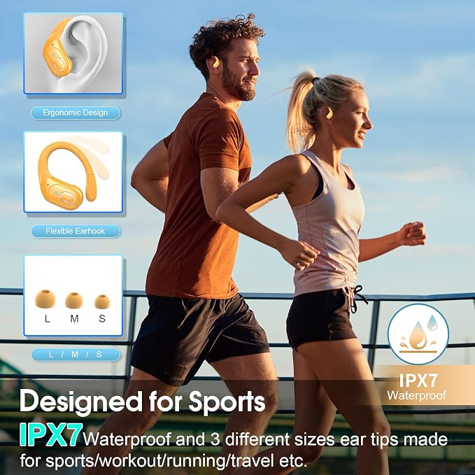 Wireless Earbuds 75H Bluetooth 5.4 Sport Headphones with Earhooks, Yellow | IPX7 Waterproof In-ear Buds Feature ENC Noise Cancelling Mic & Deep Bass. Stereo Sound Device for Gym Running Workout - Image 3