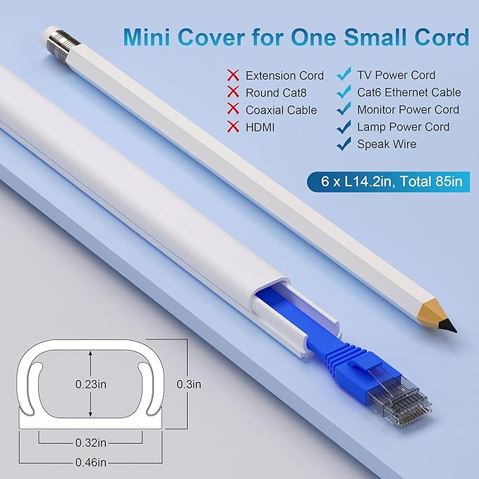 ZhiYo 85" Cord Cover for 1 Wire, Mini Black Cord Hider Wall, 0.5"W x 0.3"H | Fits 1 Cat6 Cable, Ideal for Door Frame Corners, Low-Profile Design Blends In, 6 Pack (14.2" Each), Self-Adhesive, Paintable - Image 2