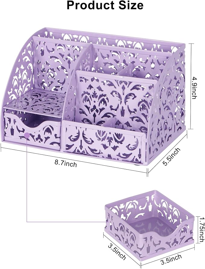 EasyPAG Pen Holder Desk Organizer with Drawer Pencil Cup for Desk 6 Compartments Metal Office Caddy Storage with Sticky Notes Holder for School Home Office, Purple - Image 7