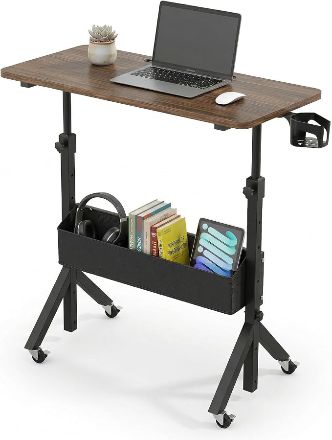 HUANUO Mobile Standing Desk with Wheels and Storage Basket, Height Adjustable 28.7"-46.1" Rolling Desk for Walking Pad, Small Space Laptop Computer Workstation for Home Office by HUANUO
