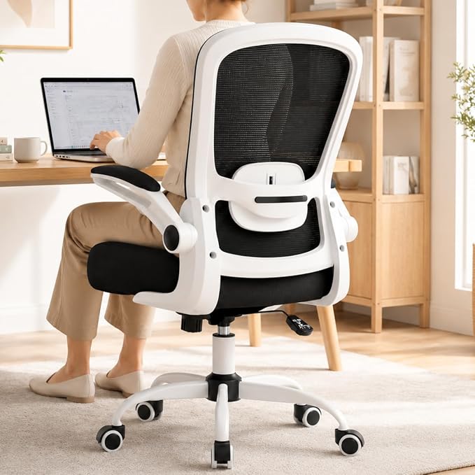 Mimoglad Ergonomic Office Chair - Desk Chair with Flip-up Armrests & 135° Recline, Adjustable Lumbar Support - Space-Saving Task Chair for Business/Team Office & Home (White Frame-Black, 300lbs) | Supports 300 lbs · Seat 19.48"–23.4" · Breathable mesh ... by Mimoglad
