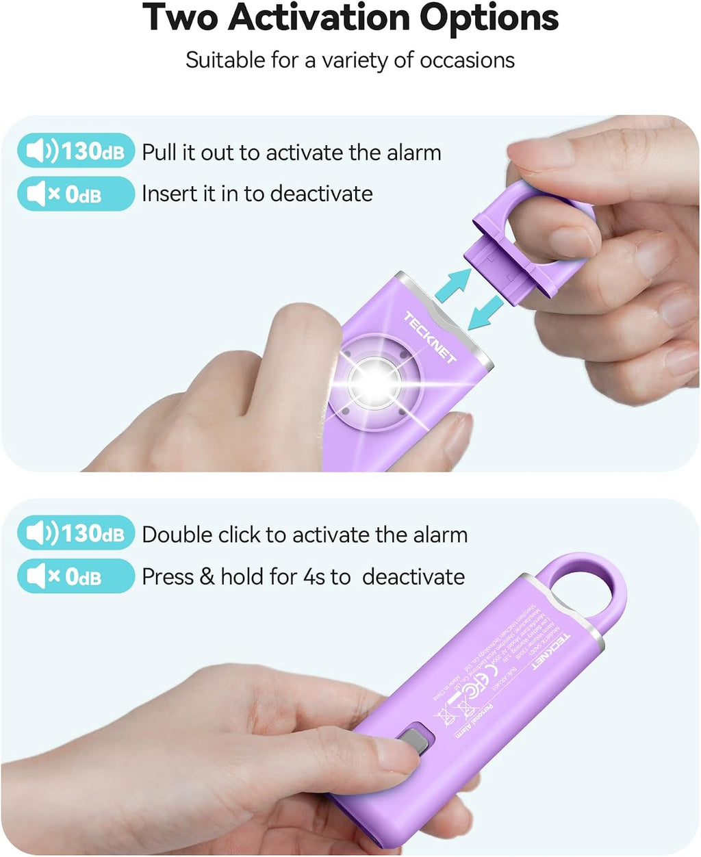 TECKNET Rechargeable Personal Safety Alarm for Women, 130dB Self Defense Keychain Alarm with SOS Strobe Light, Low Battery Notice, Loud Siren Safety Keychain for Girls Kids Elderly - Purple - Image 3