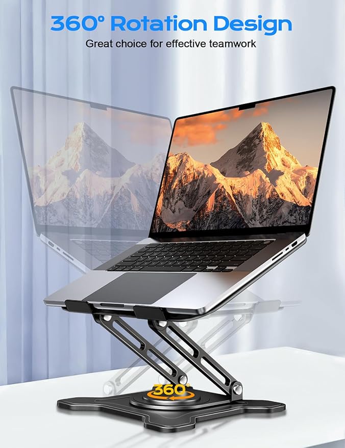 JCZT 360° Rotating Laptop Stand for Desk, Metal Foldable Laptop Riser Black | Ergonomic Portable Adjustable Laptop Stand, Ventilated Cooling Notebook Holder for MacBook Air Pro, All 10-16'' Laptops - Image 2