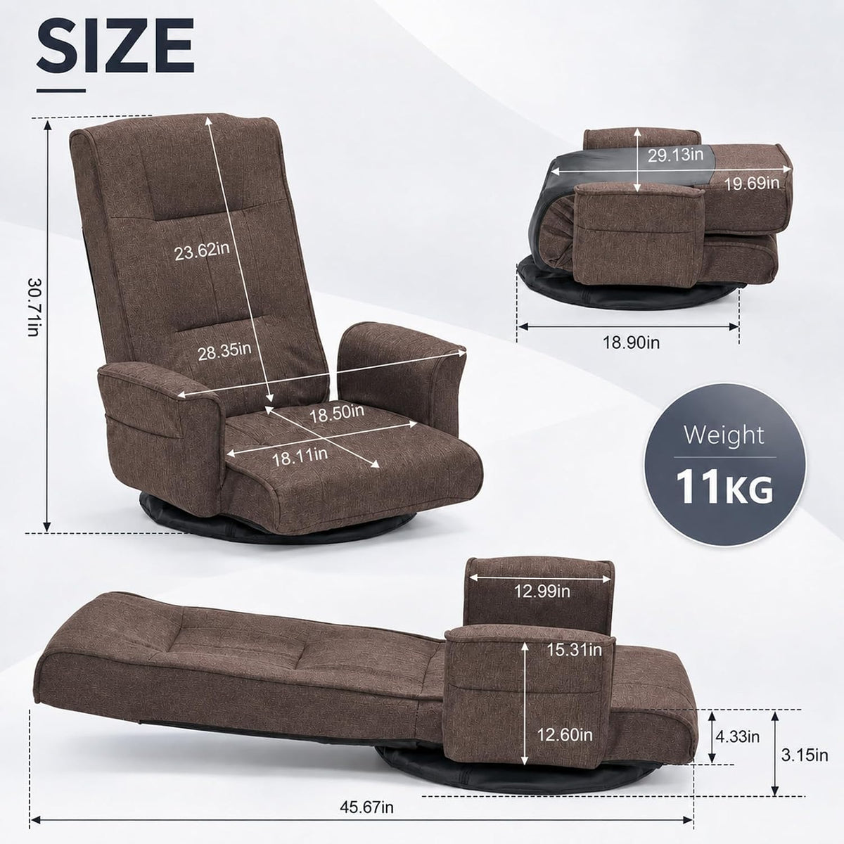 360° Swivel Floor Chair, Adjustable Reclining Floor Gaming Chair with Armrests, Linen Fabric Folding Lazy Sofa Chair, Multi-Position Floor Prayer Chair for Meditation Reading Napping, Brown - Image 2