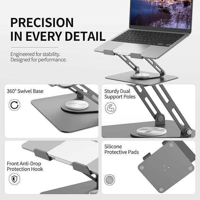 ALASHI Laptop Stand for Desk with 360° Rotating Base, Multi-Angle Adjustable Laptop Stands, Foldable Laptop Riser Compatible with 10 to 17 Inches PC Computer, Grey - Image 4