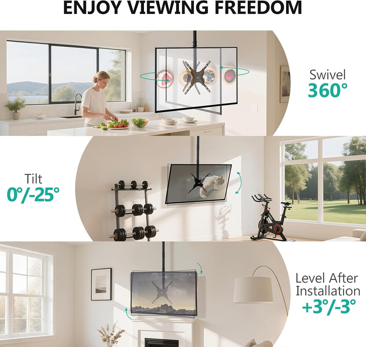 WALI Long Arm Ceiling TV Mount for 26-65 inch LCD LED 4K TVs, up to 110 lbs - Image 4