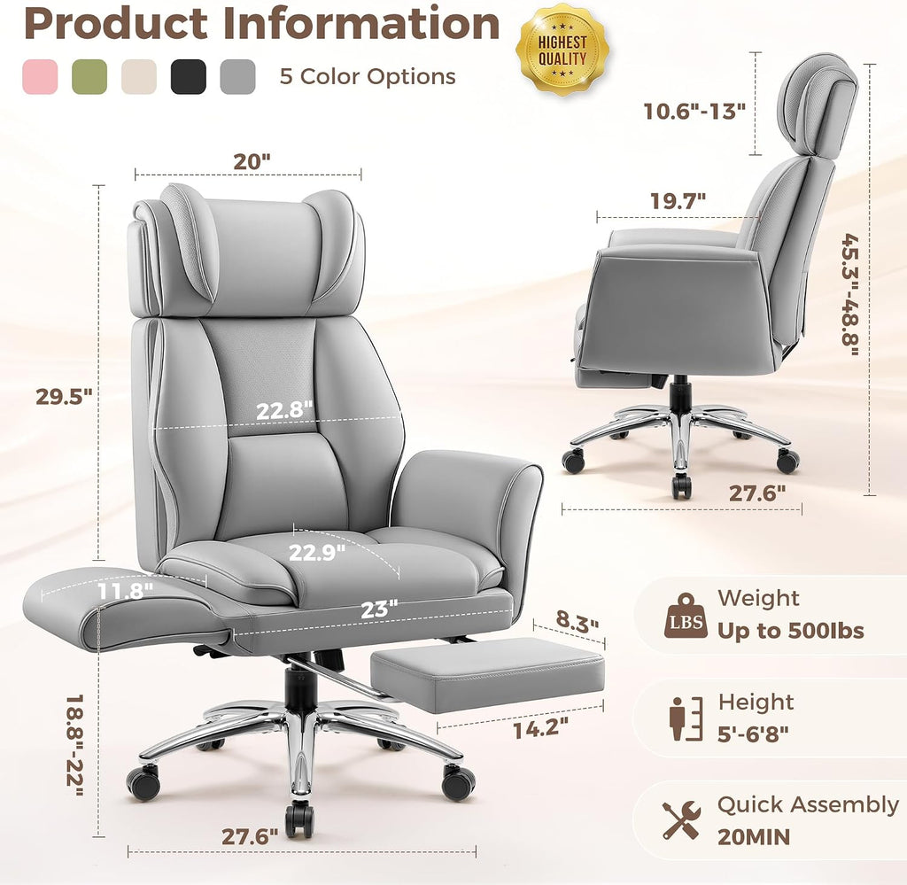 Big and Tall Office Chair, Flip Armrests for Cross Legged Sitting, Ergonomic Leather Executive Desk Chair with Foot Rest, High-Back Reclining Computer Chairs for Office Home Game - Light Gray - Image 2