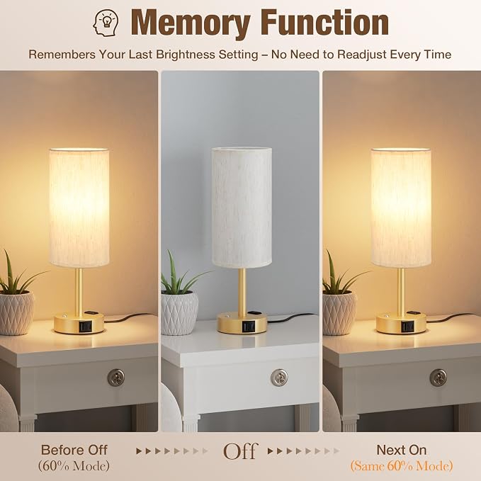Gold Touch Bedside Lamp for Bedroom, Stepless Dimmable, USB A+C, AC Outlet | Base Touch Button Only, Memory Brightness, Ultra-dim Night Light, Included Bulb for Optimal Dimming, Cream Fabric Shade, Desk - Image 3