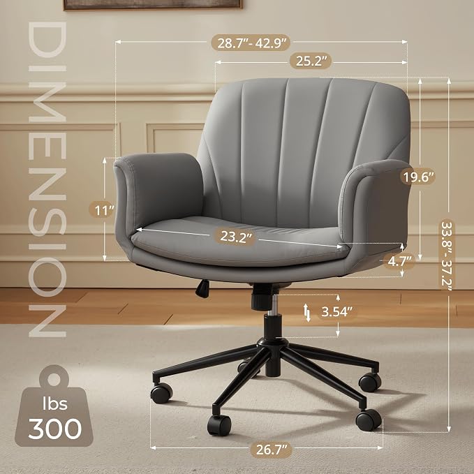 Dowinx Criss Cross Chair with Five-Level Adjustable Arms and Wheels - Comfortable Ergonomic PU Leather Swivel Vanity Chair - Computer Makeup Gaming Chair for Home Office,Bedroom,Vanity Room-Light Grey - Image 2