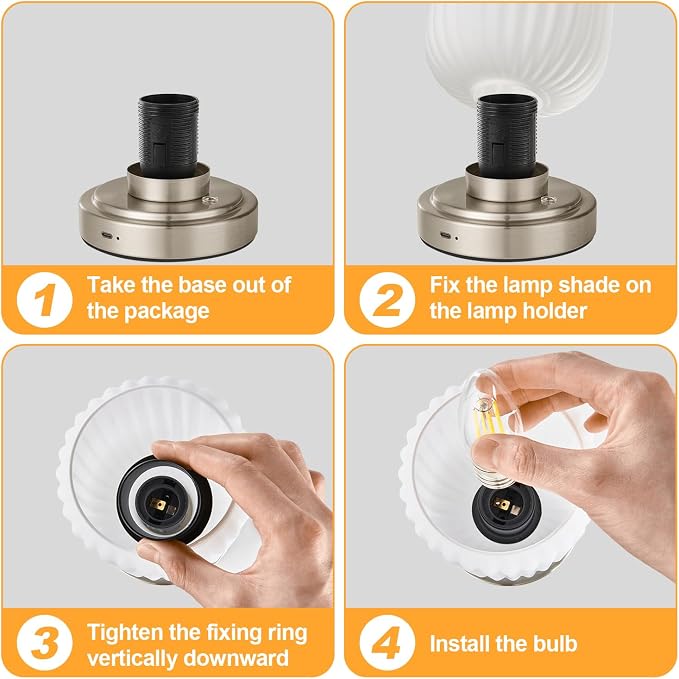 LightRound Cordless Table Lamp for Bedroom, Touch Stepless Dimmable | 7500mAh Rechargeable Battery, White Glass Shade, Nickel Gold Base, Bulb Included, Modern Wireless Lamp for Desk, Living Room - Image 7