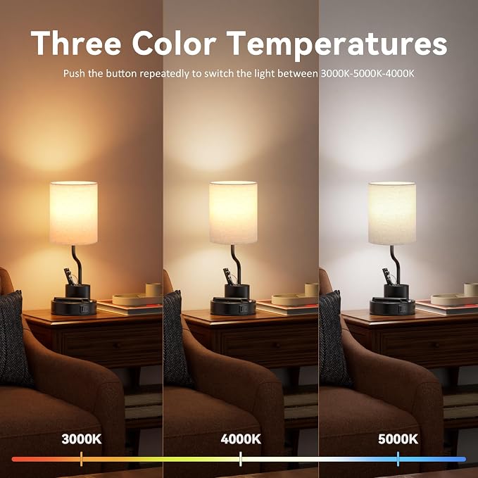 Bedside Lamps for Bedroom Set of 2 - Table Desk Lamp for Nightstand | 15" Table Lamp for Living Room with Pen Holder & Phone Stand, USB A+C Port, AC Outlet, 3 Color Temperature, LED Bulb Included - Image 4