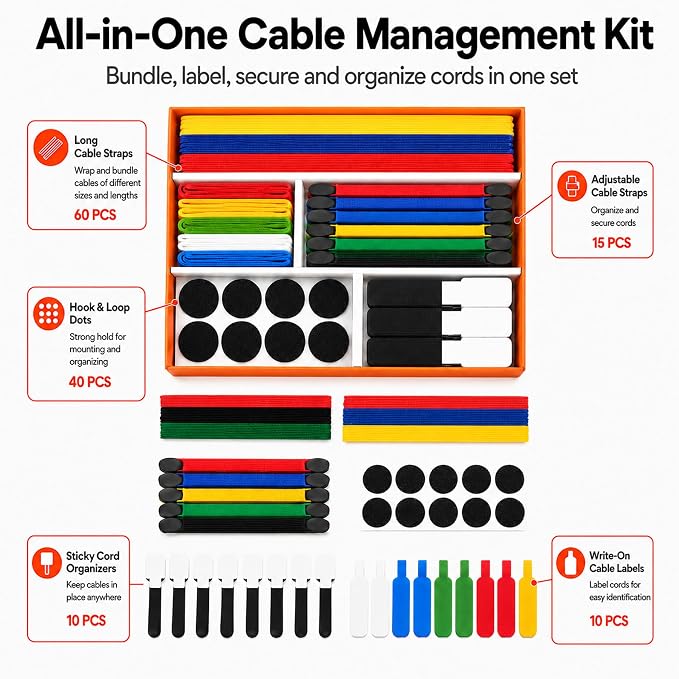 Cable Management Kit, 135 Pcs Reusable Cable Ties and Cord Labels | with Adhesive Cable Clips, Hook and Loop Straps for Under Desk Wire Organizer Home Office - Multicolor - Image 2