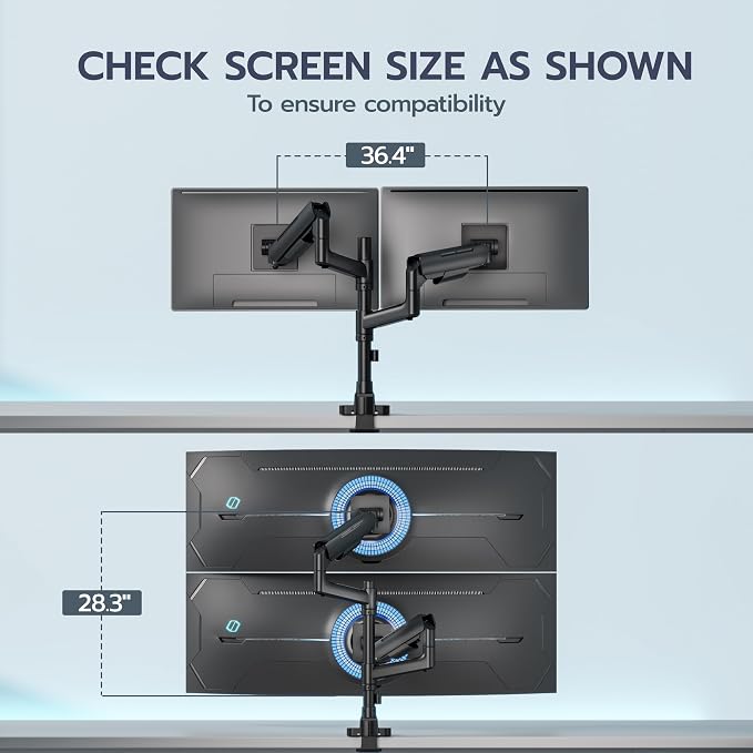 ARES WING Dual Monitor Mount for 17-49 Inch Screen, Black | Ultrawide Heavy Duty Computer Monitor Arm Desk Mount for Curved Screen, Gas Spring Adjustable Vesa Stand - Image 8