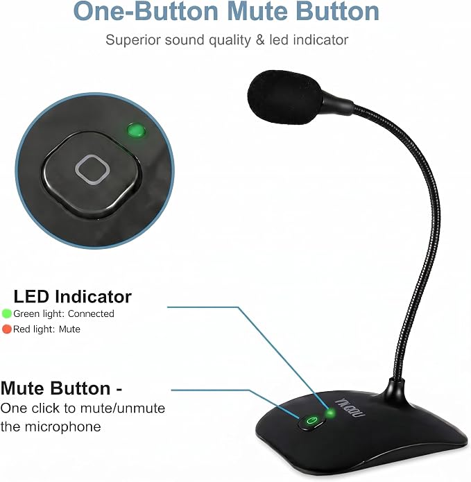 USB Microphone, 360 Degree Adjustable Gooseneck Design | PC Microphone with Mute Button & LED Indicator, Noise-Canceling Technology, Plug & Play, Compatible with Windows & MacOS - Image 4