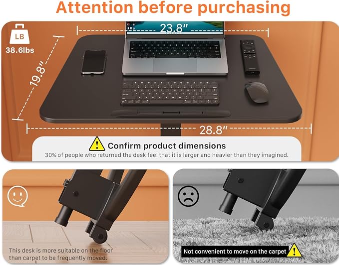 JOY worker Foldable Standing Desk, 90° Tilt Height Adjustable Desk, Black | MDF Tiltable Desktop, Height Adjustable, Collapsible Low Base with Hidden Wheels, Non-Slip Mat, Holds 22lbs, for Home Office - Image 3