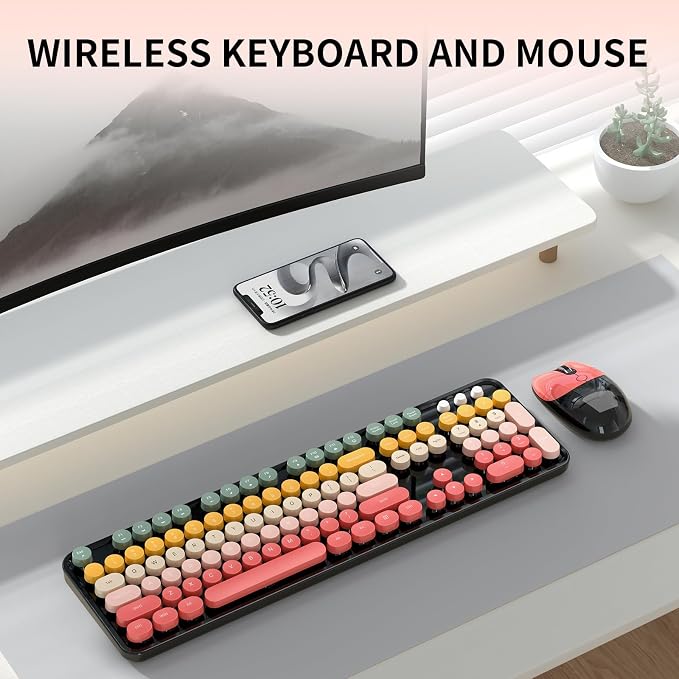 Wireless Keyboard and Mouse, MOFII 104 Round Keycaps Retro Typewriter with OTG & Brush, Full-Size Ergonomic, Ideal for Windows PC, Home, Office and College Rainbow Red - Image 9