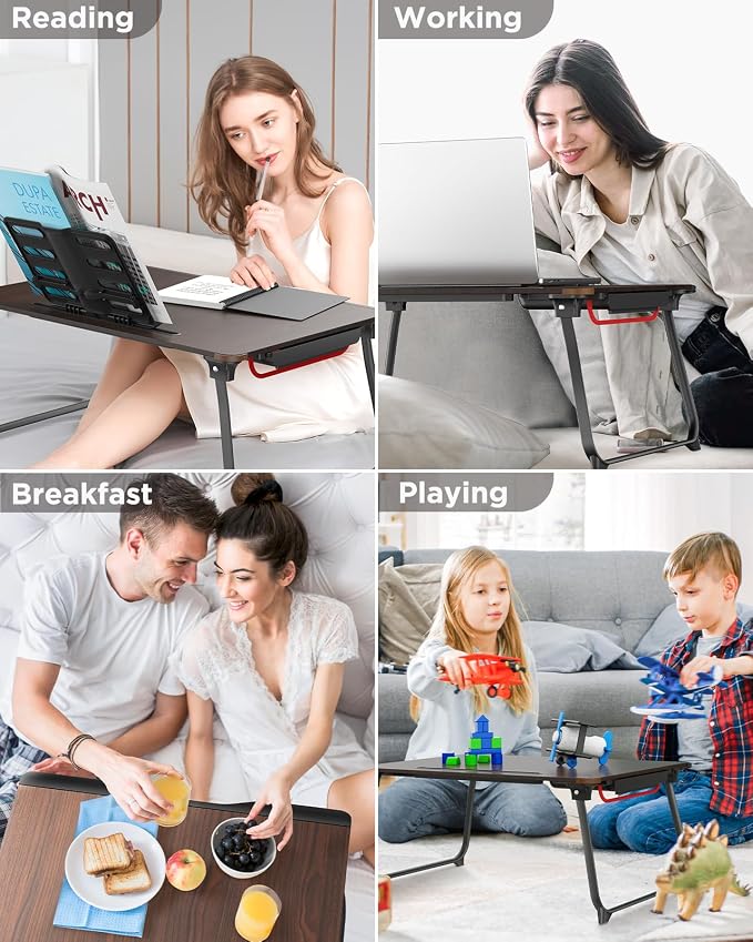 SAIJI Laptop Desk for Bed, XX-Large Foldable Bed Tray Table, 25.6" x 19.3" | Laptop Table for Eating Breakfast, Writing Working Gaming Drawing with Storage Drawer, Bookstand, Tablet Stand, Black Cherry - Image 6