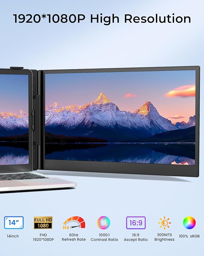 Cevaton Laptop Screen Extender, 14.1" Ultra-Slim & Lightweight Portable Monitor for 13"-17" Laptops, 1080P FHD Dual Monitor, One Cable Connection, Compatible with Wins/Mac/Android/Linux/Chrome - Image 2