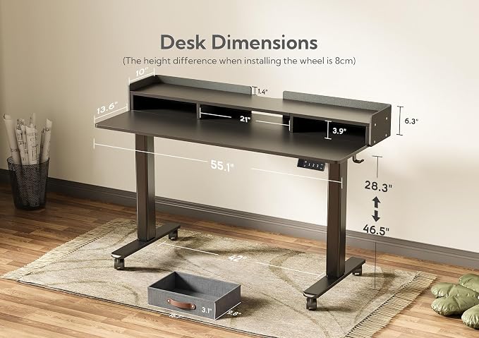 Claiks Standing Desk with Drawers & Wheels, 2 Height Shelf 55inch Black | 2 height adjust shelf, tabletop drawers, felt fence design, sturdy supports 176 lbs, 4 wheels, 2 tire monitor stand - Image 3