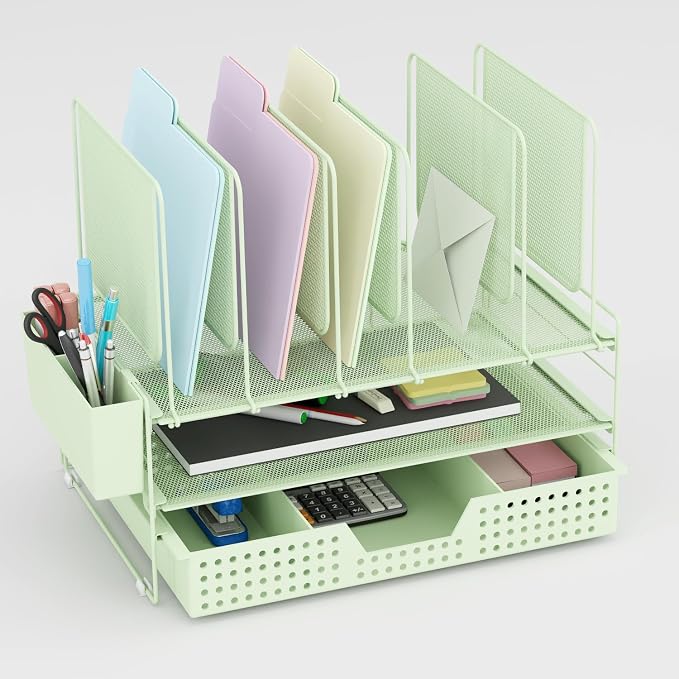 LEKETREE Green Desk Organizer, Office Organization with Vertical File Holder, File Organizer with Drawer and Pen Holder, Desk Accessories and Workspace Organizers for Home Office (Green) by Stylishworkspaceeffortlessorganization