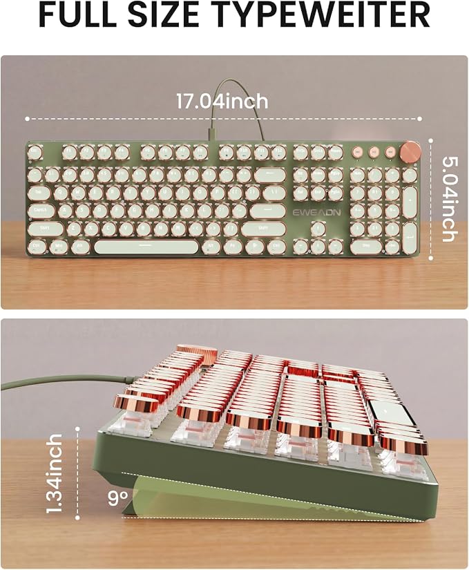Wired Typewriter Mechanical Keyboard, Retro Punk Keyboard with Media Knob | White Backlit, Metal Panel, 104-Key Round Keycaps Low Noise Typewriter for Windows, PC, Laptop, Green, EWEADN V20 - Image 9