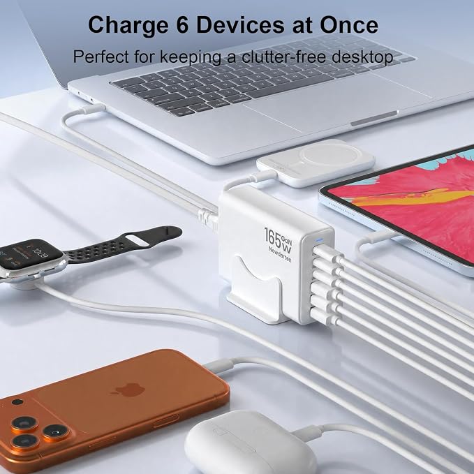 165W Charging Station, 6 Port Desktop Charger, 3 Ports 40W White | USB Charger Block, 3 x USB A 15W, 3 x USB C 40W, Compatible with iPhone, Galaxy, MacBook, iPad, Home Office, Travel and More - Image 4