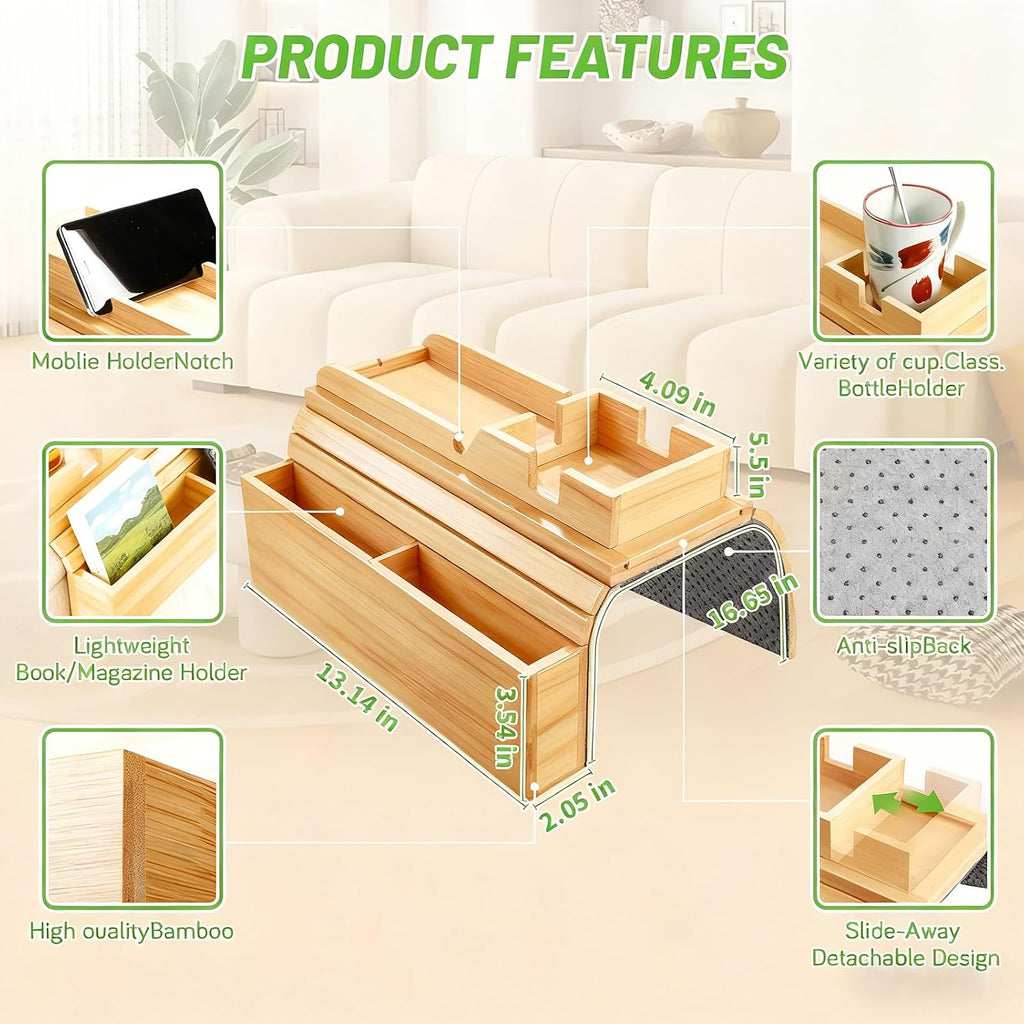 Bamboo Couch Arm Tray Sofa Armrest Tray Cup Holder,2-in-1 Couch Armrest Tray with Slide Detachable Tray,Couch Caddy,Slip Foldable Sofa Table,Phone Stand,Book Holder (Bamboo) - Image 2