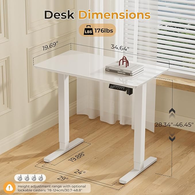 JOY worker Electric Glass Standing Desk, 35" Small Drafting Table on Wheels | 35" x 20" White Height Adjustable Desk with Memory Controller, Rolling Sit Stand Computer Workstation for Drawing Walking Pad - Image 2