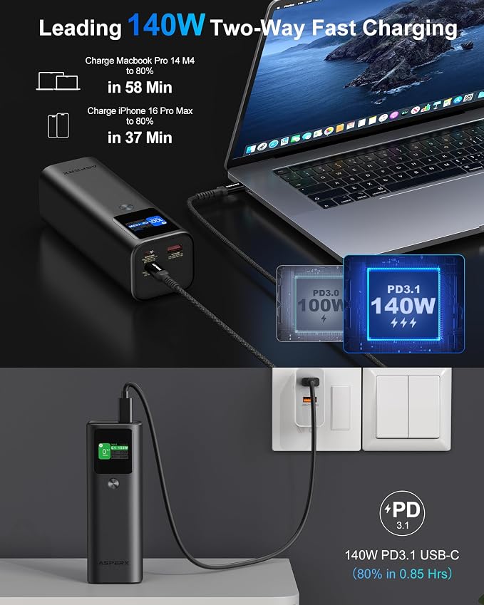 AsperX Laptop Power Bank, 27,600mAh 162.5W PD3.1 Charging Aluminum Unibody | TFT Portable Charger Power Bank, 99.36Wh Battery Bank for MacBook Pro/Air/iPhone 17/iPad/S26 Ultra/Dell/HP (Flight-Approved) - Image 3